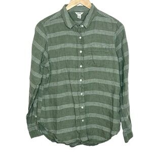 LL Bean Linen Striped Button Up Shirt Green Womens Size Small Coastal Resort